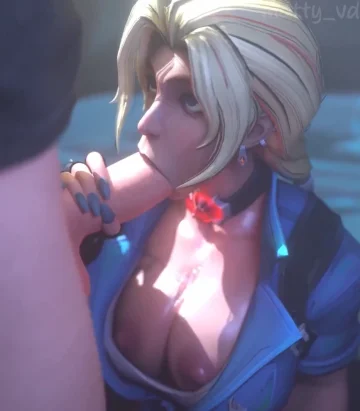 Elsa Bloodstone mirando al hombre mientras se lo chupa hasta dejarlo seco